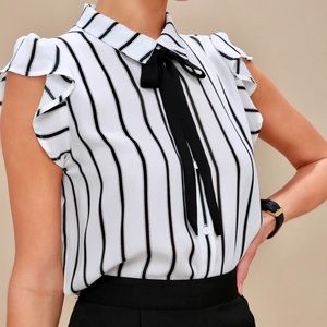 Lulus Burke Black and White Striped Tie-Neck Top!!